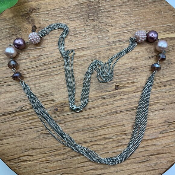RMN (AVON) Lilac Purple Beads Multi Silver Tone Chain Stands Necklace - Picture 2 of 7
